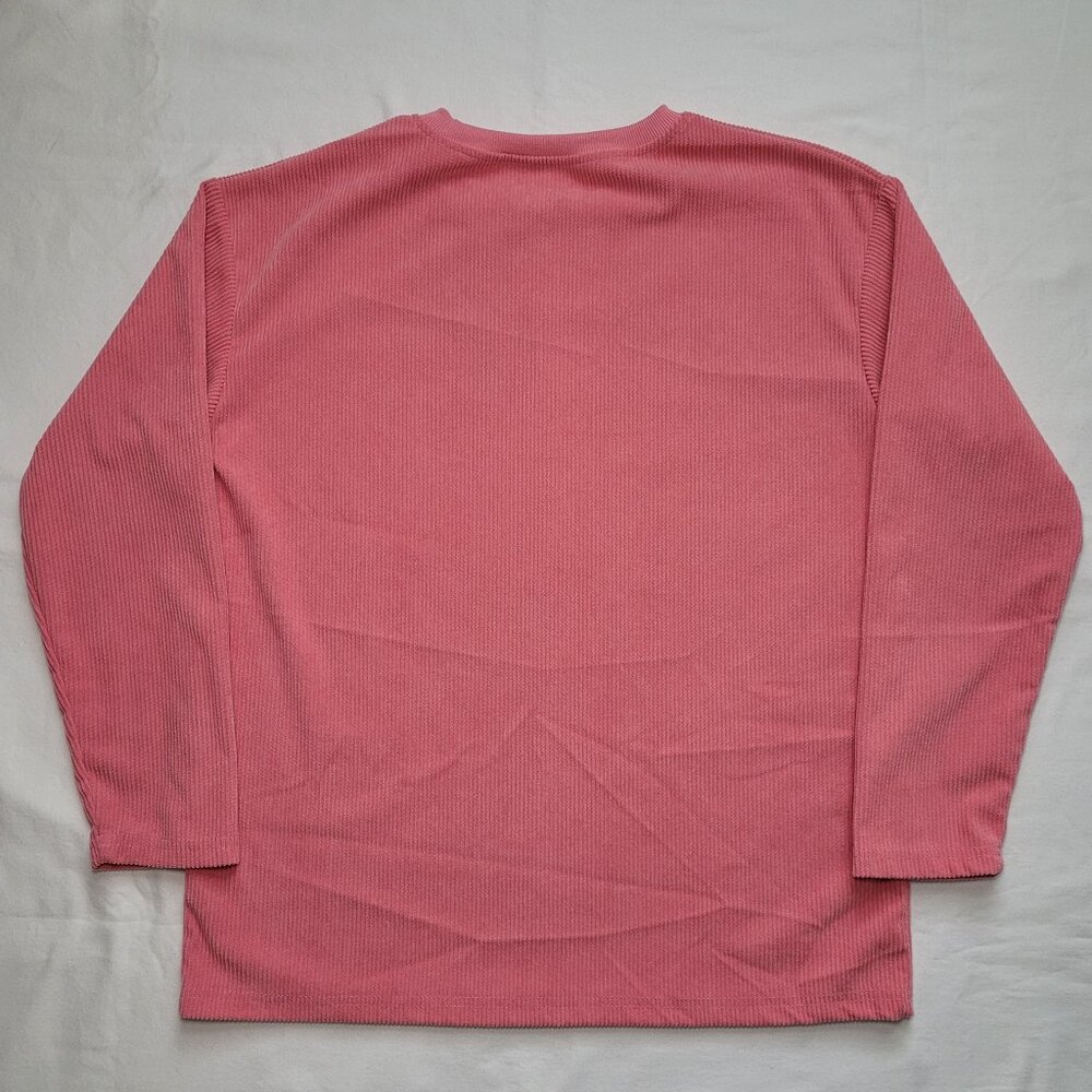 SHEIN Cherry Graphic Long Sleeve Corduroy Top Pink Pullover Drop Shoulder Small - Picture 2 of 8